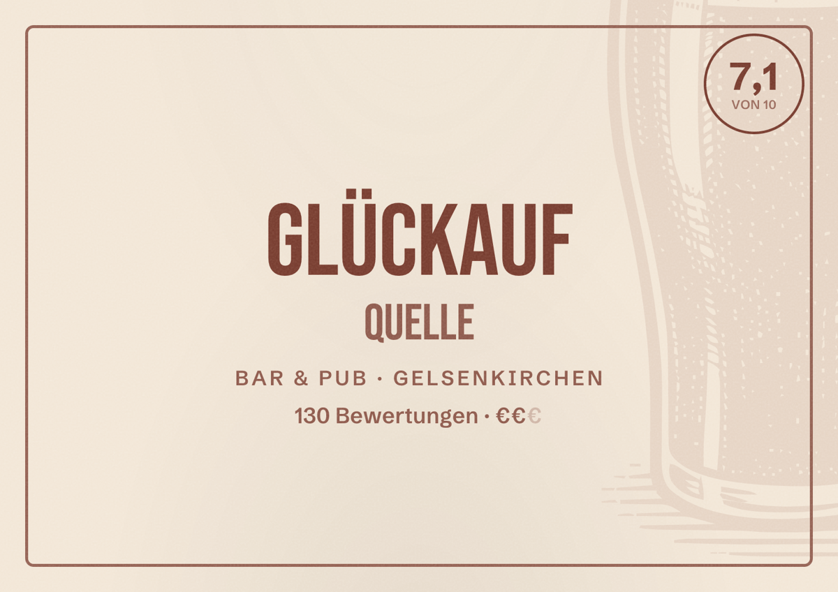 Illustriertes Poster von Glückauf Quelle, Bar & Pub in Gelsenkirchen: Bewertung 7,1 von 10 aus 130 Bewertungen, Preisniveau €€