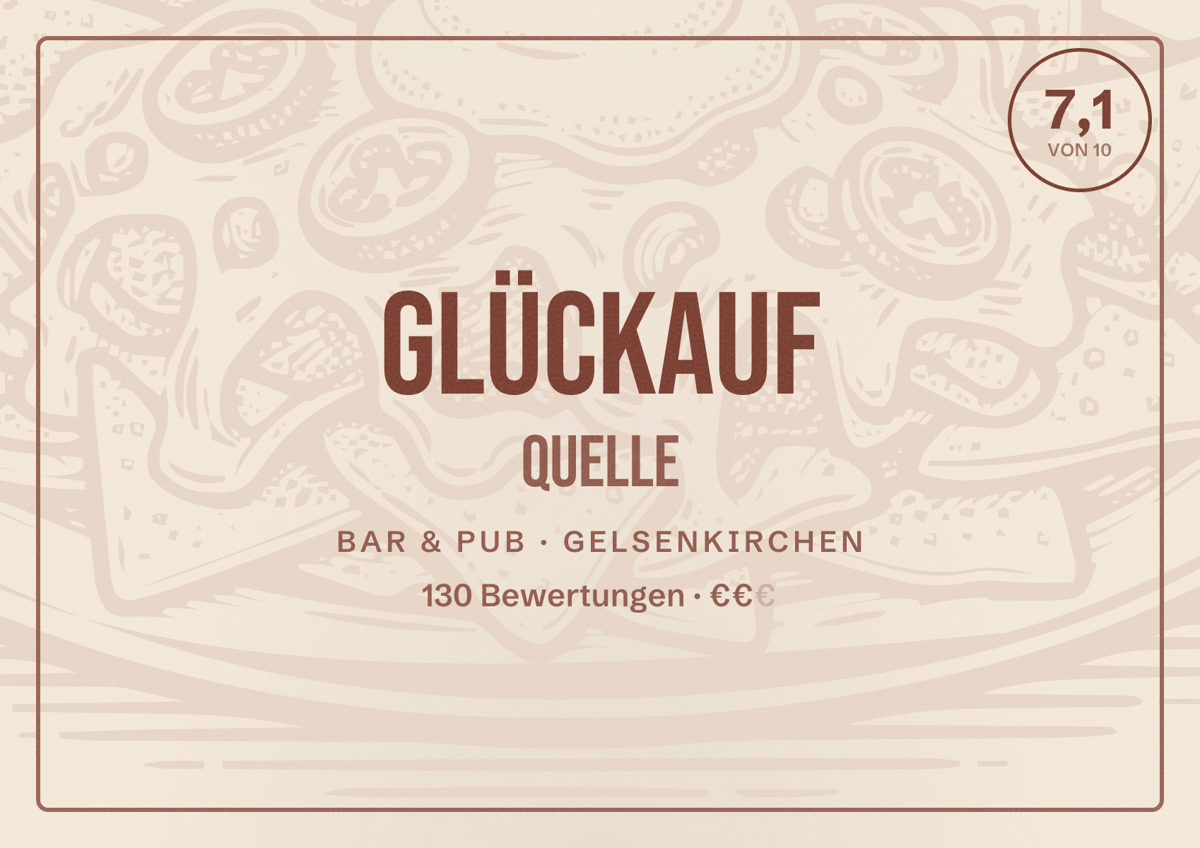 Illustriertes Poster von Glückauf Quelle, Bar & Pub in Gelsenkirchen: Bewertung 7,1 von 10 aus 130 Bewertungen, Preisniveau €€