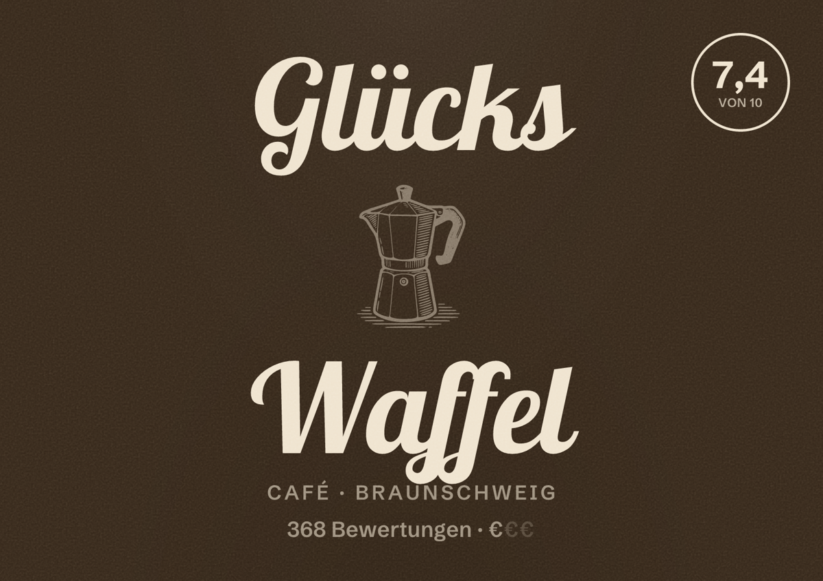 Illustriertes Poster von Glücks Waffel, Café in Braunschweig: Bewertung 7,4 von 10 aus 368 Bewertungen, Preisniveau €