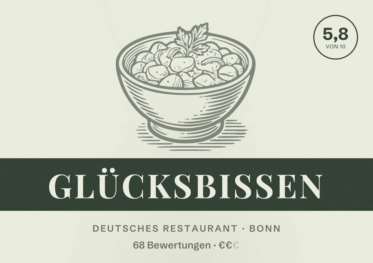 Illustriertes Poster von Glücksbissen, Deutsches Restaurant in Bonn: Bewertung 5,8 von 10 aus 68 Bewertungen, Preisniveau €€