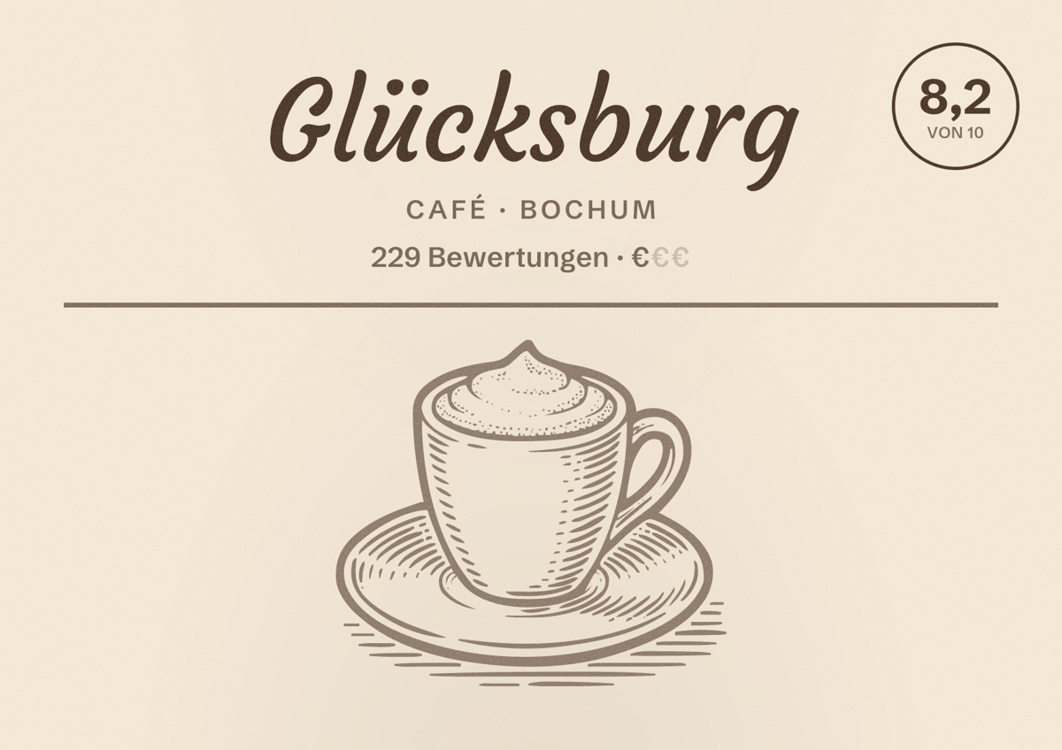 Illustriertes Poster von Glücksburg, Café in Bochum: Bewertung 8,2 von 10 aus 229 Bewertungen, Preisniveau €