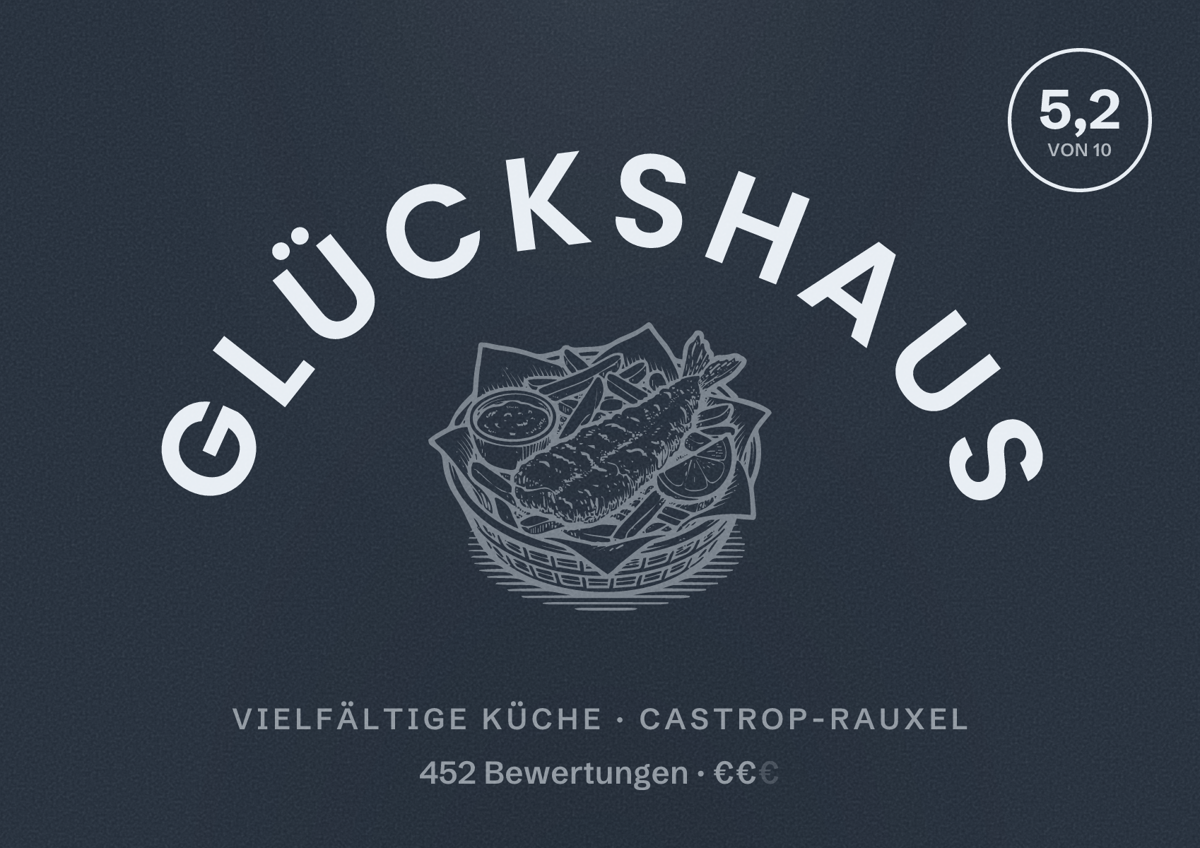 Illustriertes Poster von Glückshaus, Vielfältige Küche in Castrop-Rauxel: Bewertung 5,2 von 10 aus 452 Bewertungen, Preisniveau €€