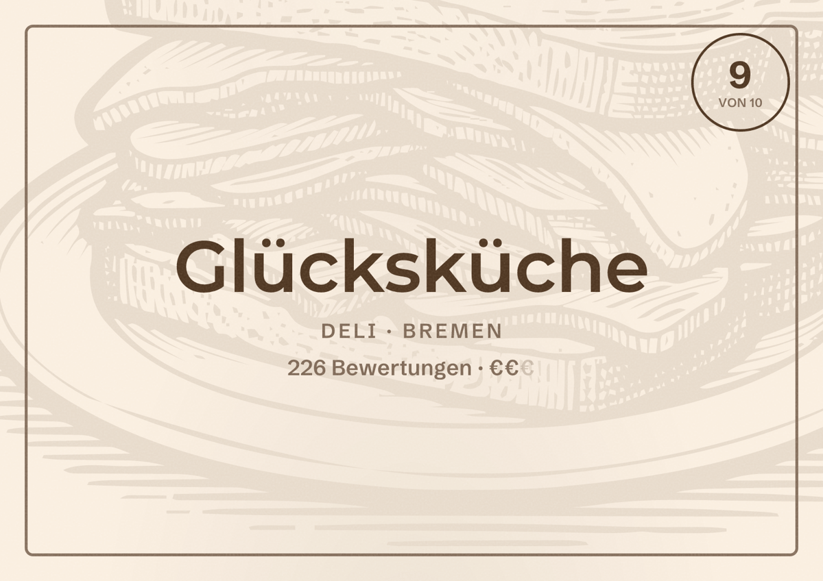 Illustriertes Poster von Glücksküche, Deli in Bremen: Bewertung 9 von 10 aus 226 Bewertungen, Preisniveau €€
