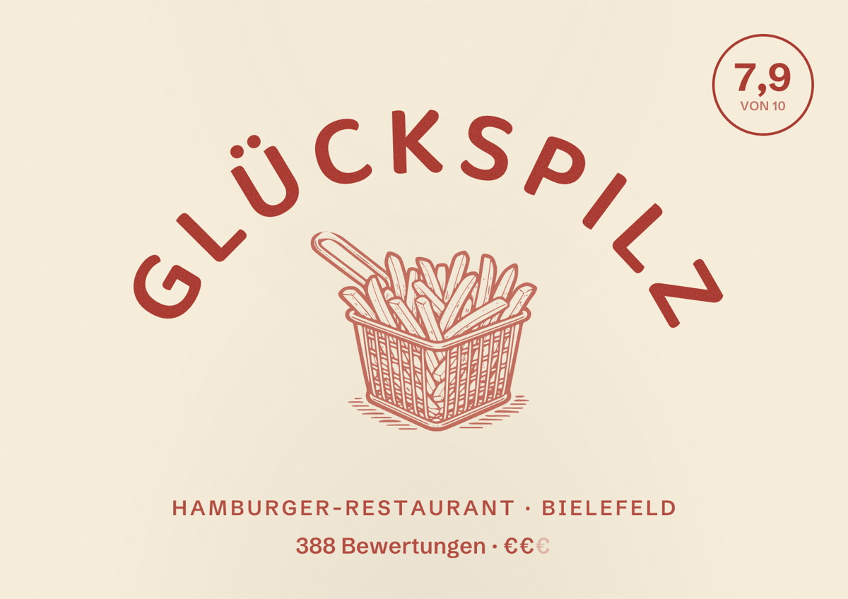 Illustriertes Poster von GLÜCKSPILZ, Hamburger-Restaurant in Bielefeld: Bewertung 7,9 von 10 aus 388 Bewertungen, Preisniveau €€