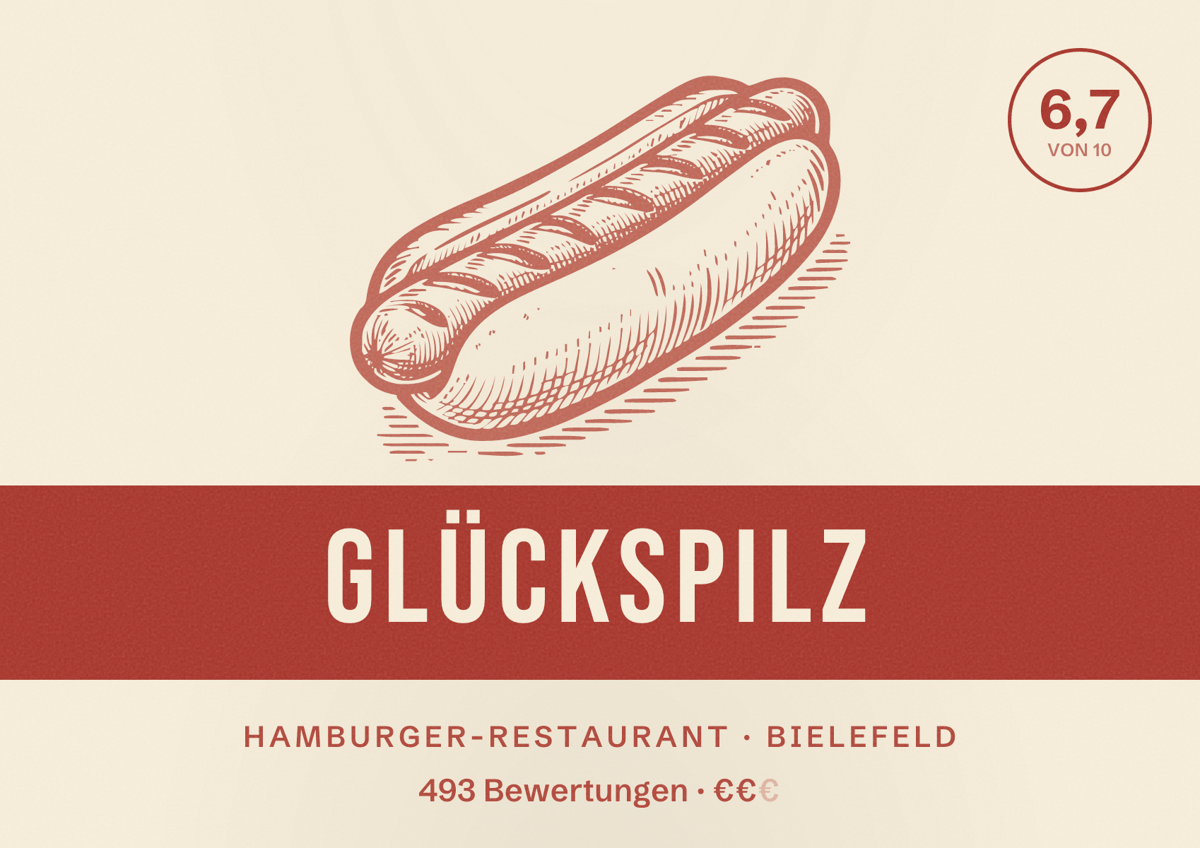 Illustriertes Poster von GLÜCKSPILZ, Hamburger-Restaurant in Bielefeld: Bewertung 6,7 von 10 aus 493 Bewertungen, Preisniveau €€