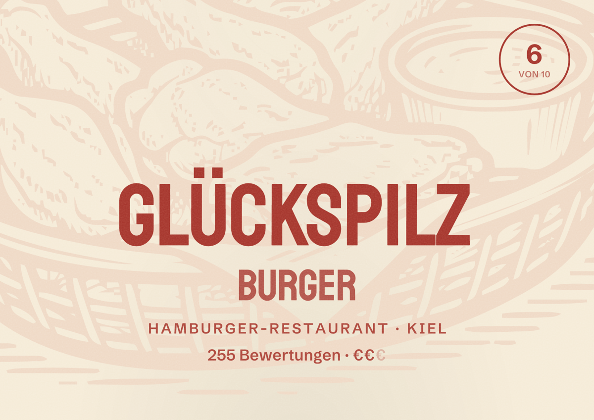 Illustriertes Poster von Glückspilz Burger, Hamburger-Restaurant in Kiel: Bewertung 6,0 von 10 aus 255 Bewertungen, Preisniveau €€