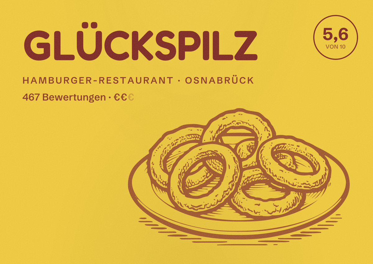 Illustriertes Poster von GLÜCKSPILZ, Hamburger-Restaurant in Osnabrück: Bewertung 5,6 von 10 aus 467 Bewertungen, Preisniveau €€