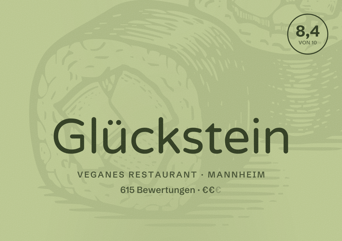 Illustriertes Poster von Glückstein, Veganes Restaurant in Mannheim: Bewertung 8,4 von 10 aus 615 Bewertungen, Preisniveau €€