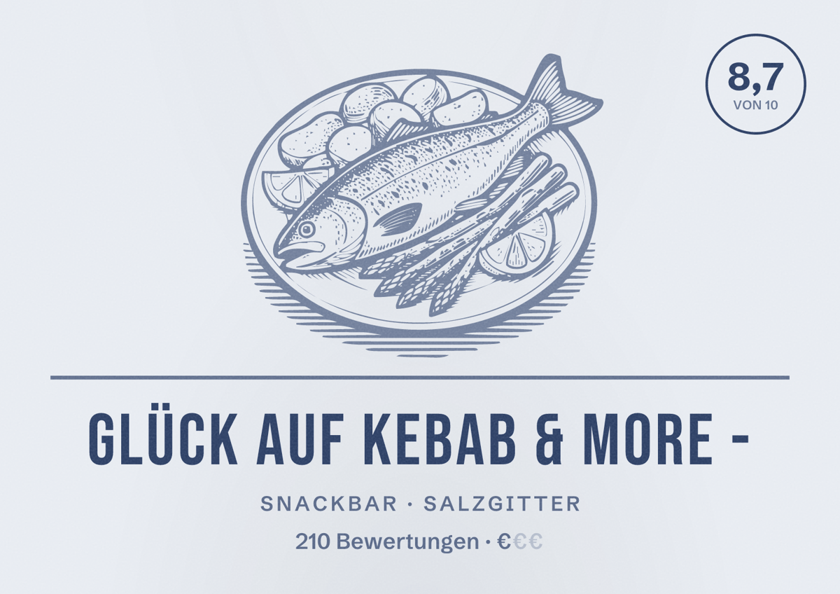 Illustriertes Poster von Glück Auf Kebab & More -, Snackbar in Salzgitter: Bewertung 8,7 von 10 aus 210 Bewertungen, Preisniveau €