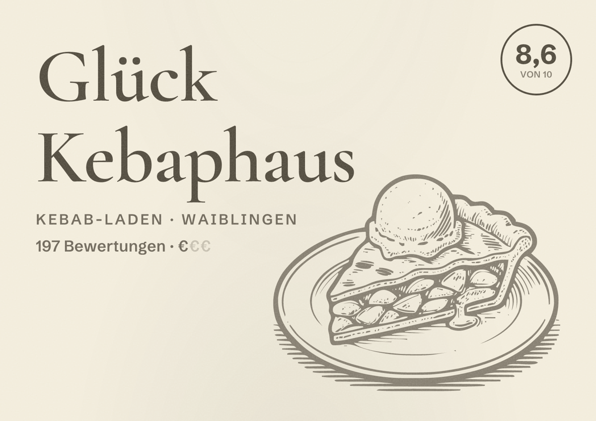 Illustriertes Poster von Glück Kebaphaus, Kebab-Laden in Waiblingen: Bewertung 8,6 von 10 aus 197 Bewertungen, Preisniveau €