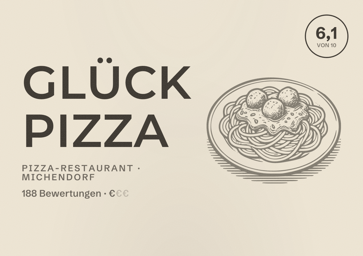 Illustriertes Poster von Glück Pizza, Pizza-Restaurant in Michendorf: Bewertung 6,1 von 10 aus 188 Bewertungen, Preisniveau €