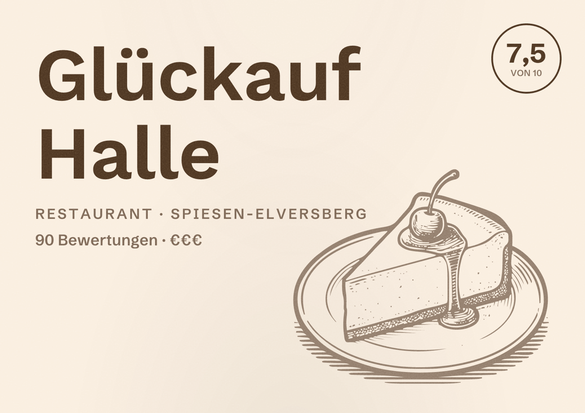 Illustriertes Poster von Glückauf Halle, Restaurant in Spiesen-Elversberg: Bewertung 7,5 von 10 aus 90 Bewertungen, Preisniveau €€€