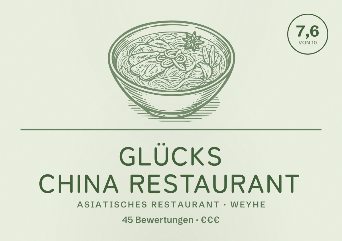 Illustriertes Poster von Glücks China Restaurant, Asiatisches Restaurant in Weyhe: Bewertung 7,6 von 10 aus 45 Bewertungen, Preisniveau €€€