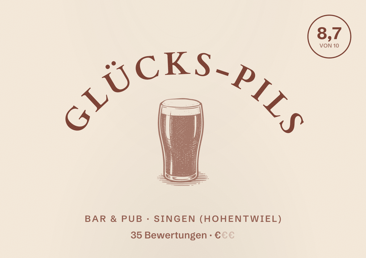 Illustriertes Poster von Glücks-Pils, Bar & Pub in Singen (Hohentwiel): Bewertung 8,7 von 10 aus 35 Bewertungen, Preisniveau €