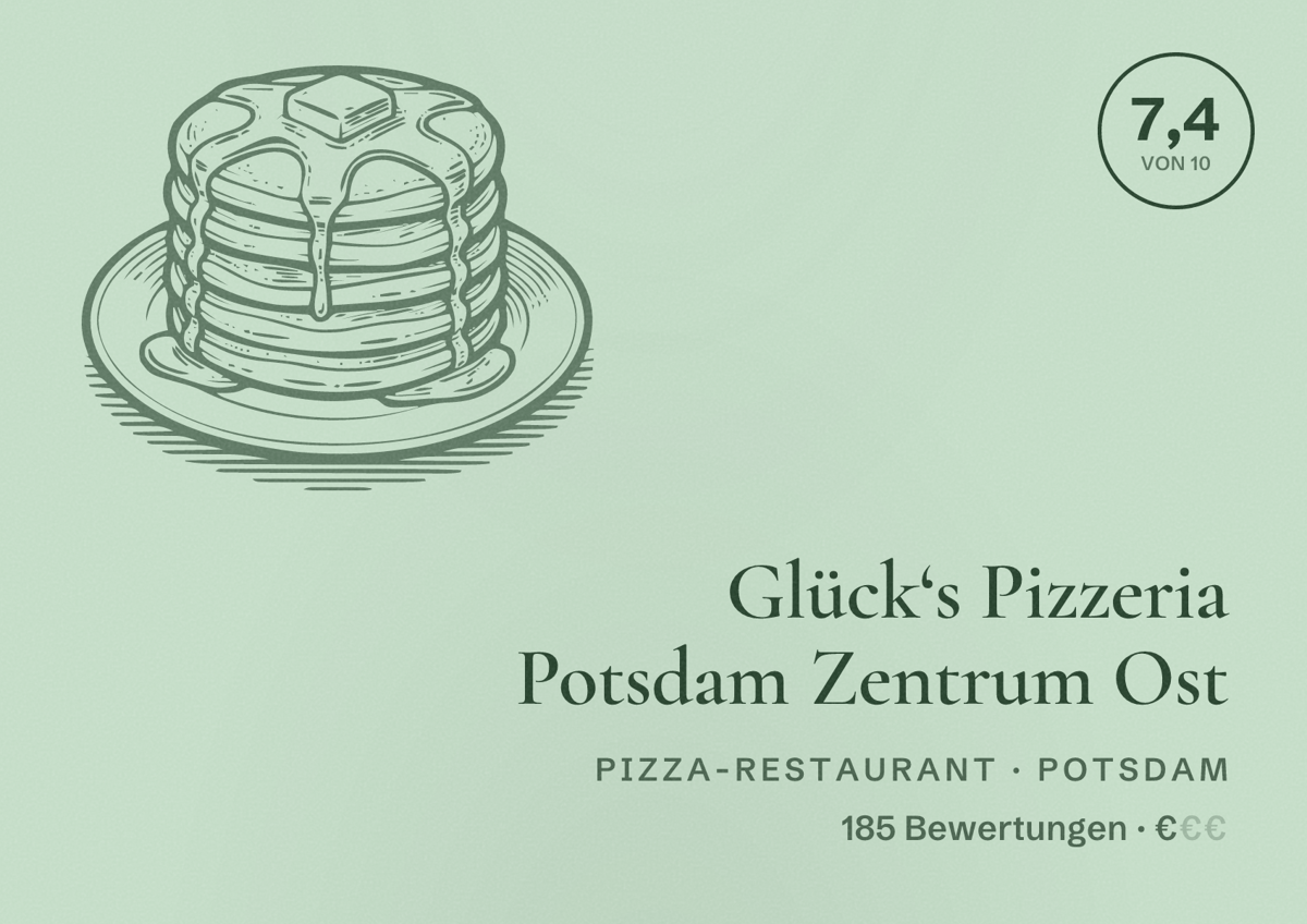 Illustriertes Poster von Glück‘s Pizzeria Potsdam Zentrum Ost, Pizza-Restaurant in Potsdam: Bewertung 7,4 von 10 aus 185 Bewertungen, Preisniveau €