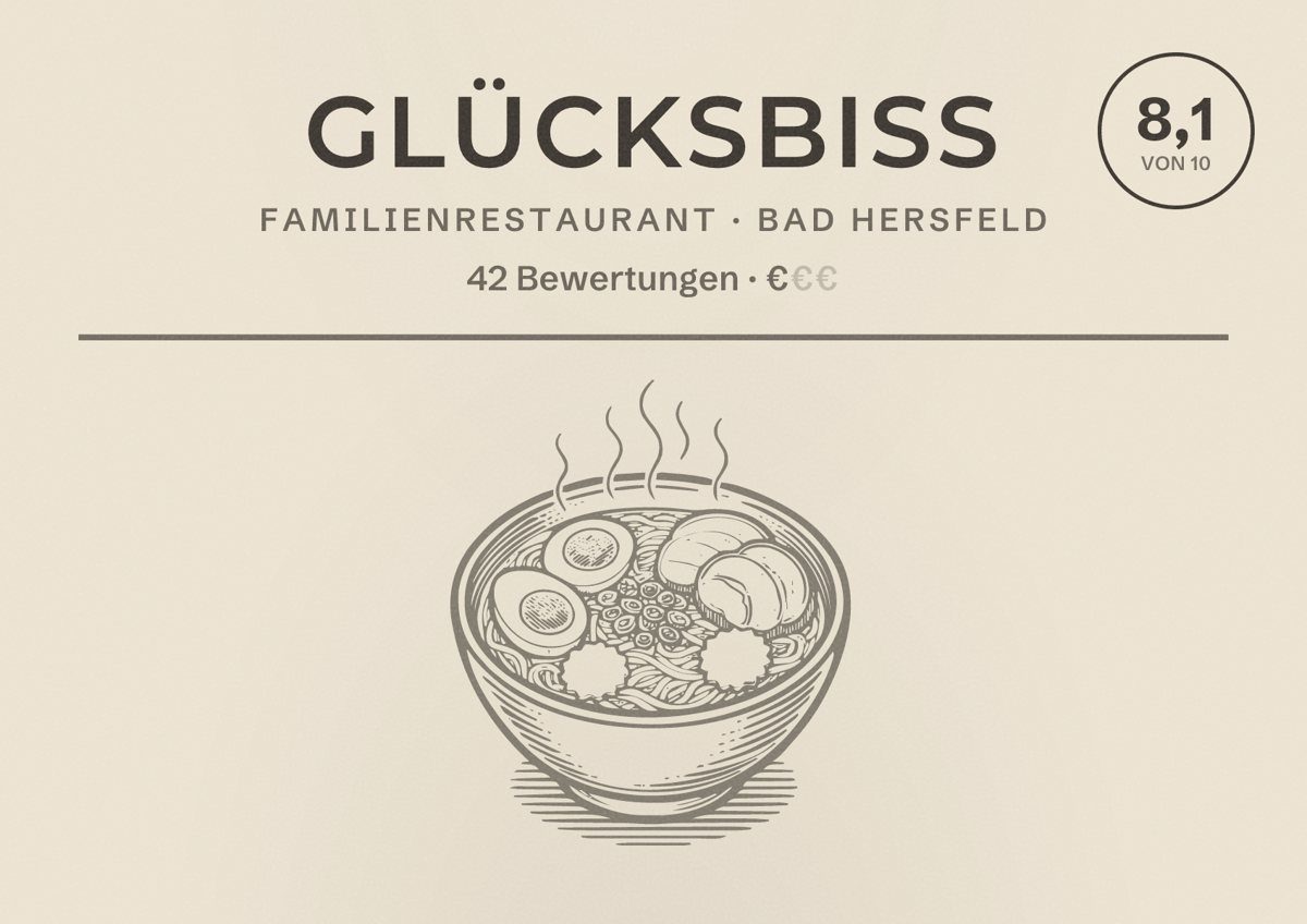 Illustriertes Poster von Glücksbiss, Familienrestaurant in Bad Hersfeld: Bewertung 8,1 von 10 aus 42 Bewertungen, Preisniveau €