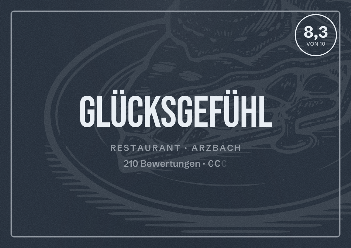 Illustriertes Poster von GlücksGefühl, Restaurant in Arzbach: Bewertung 8,3 von 10 aus 210 Bewertungen, Preisniveau €€