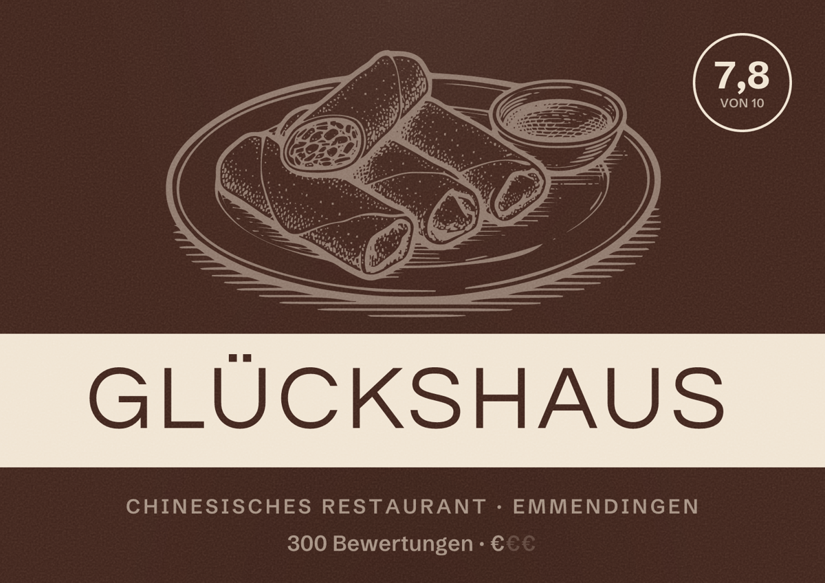 Illustriertes Poster von Glückshaus, Chinesisches Restaurant in Emmendingen: Bewertung 7,8 von 10 aus 300 Bewertungen, Preisniveau €