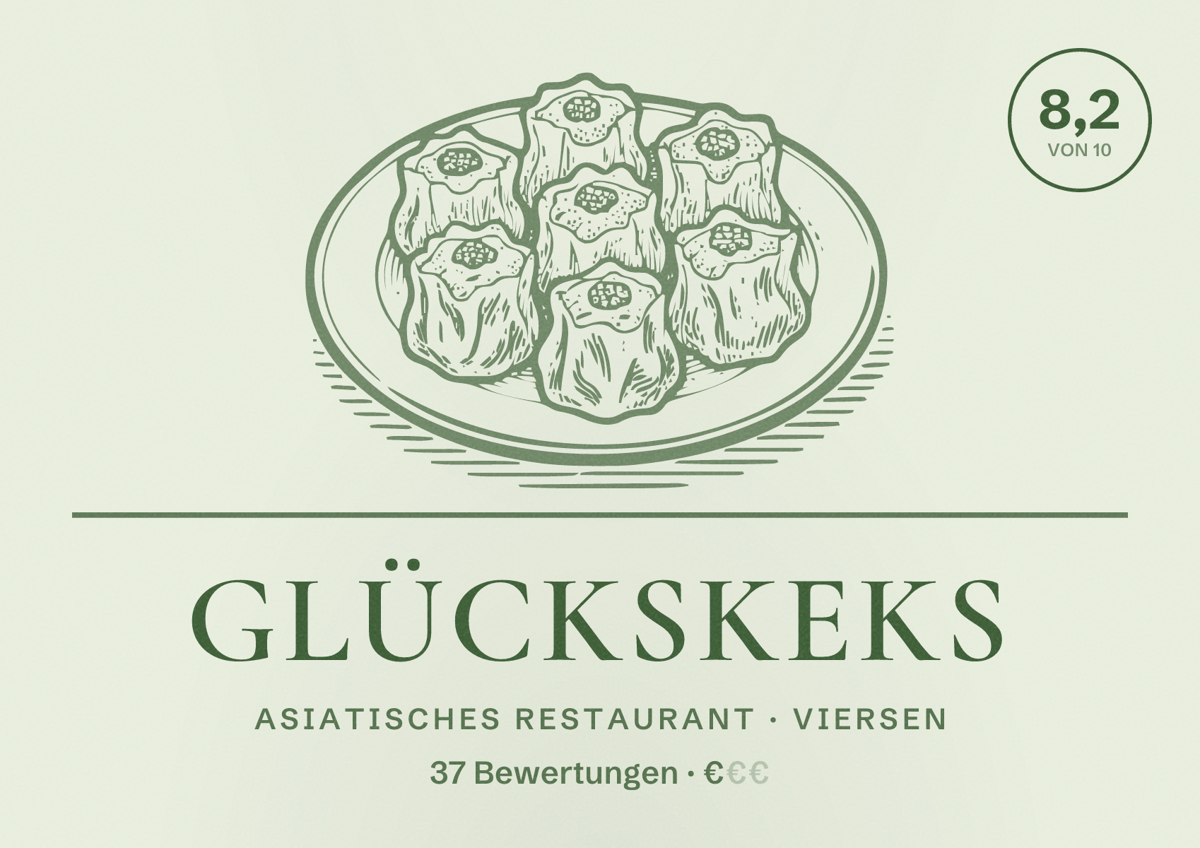 Illustriertes Poster von Glückskeks, Asiatisches Restaurant in Viersen: Bewertung 8,2 von 10 aus 37 Bewertungen, Preisniveau €