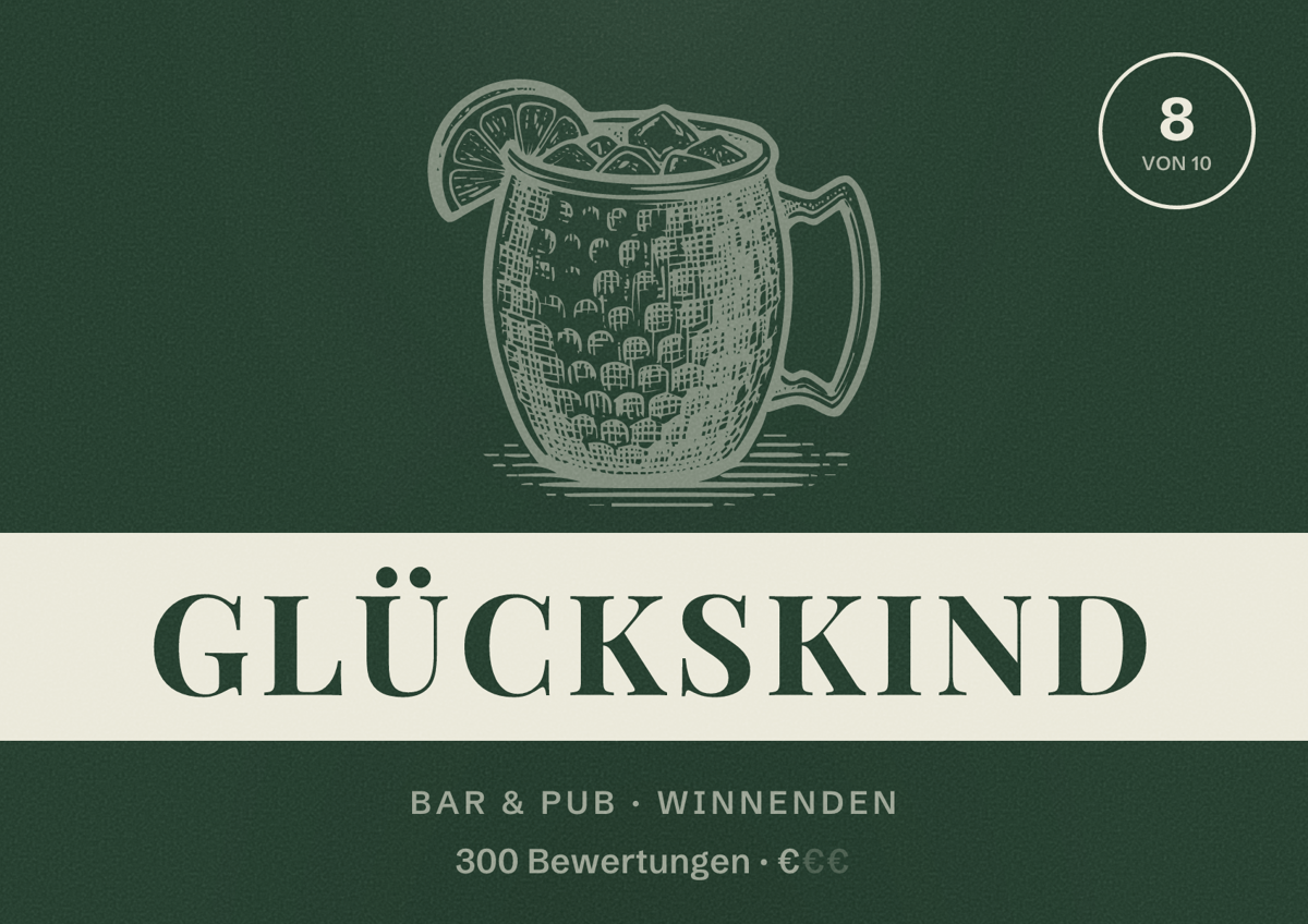 Illustriertes Poster von Glückskind, Bar & Pub in Winnenden: Bewertung 8 von 10 aus 300 Bewertungen, Preisniveau €