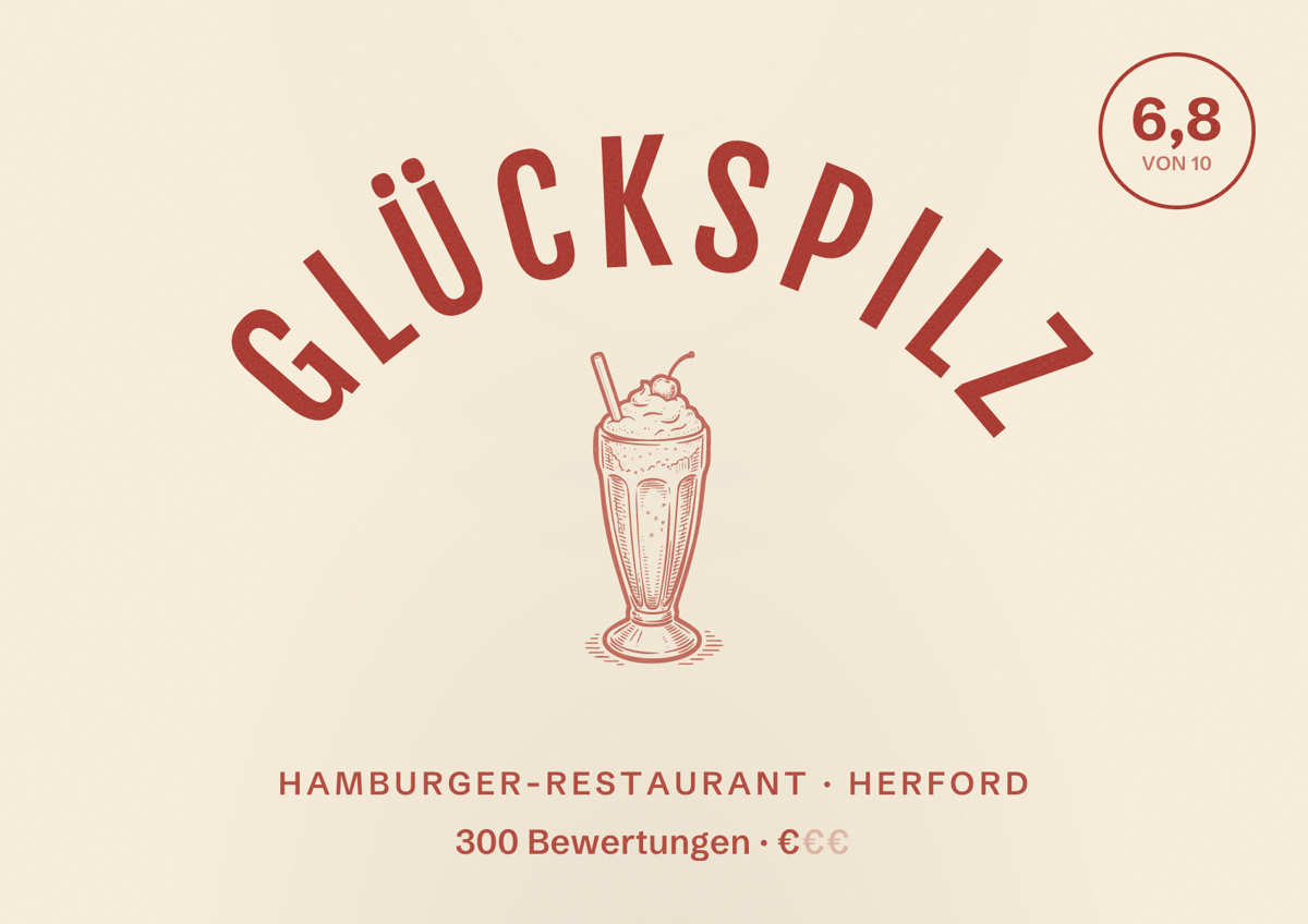 Illustriertes Poster von GLÜCKSPILZ, Hamburger-Restaurant in Herford: Bewertung 6,8 von 10 aus 300 Bewertungen, Preisniveau €