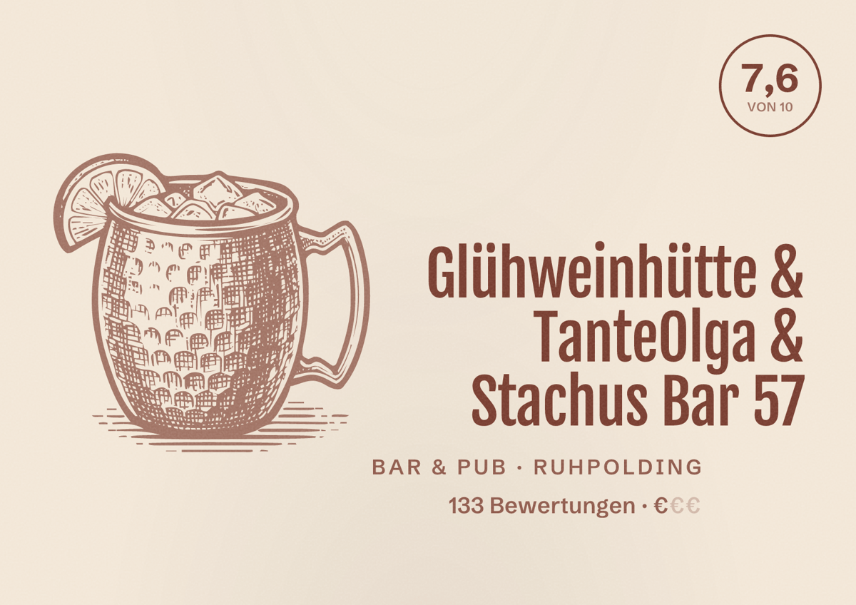 Illustriertes Poster von Glühweinhütte & TanteOlga & Stachus Bar 57, Bar & Pub in Ruhpolding: Bewertung 7,6 von 10 aus 133 Bewertungen, Preisniveau €