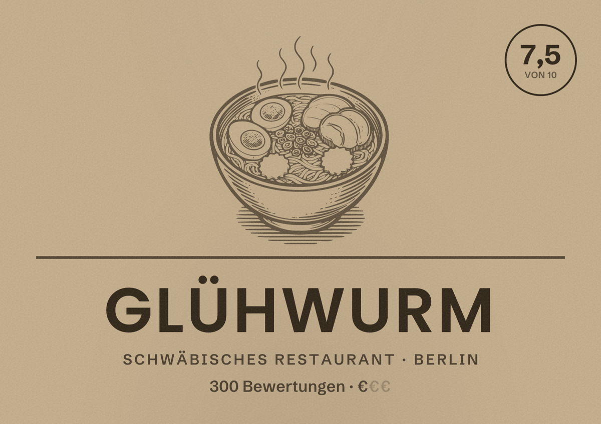 Illustriertes Poster von Glühwurm, Schwäbisches Restaurant in Berlin: Bewertung 7,5 von 10 aus 300 Bewertungen, Preisniveau €