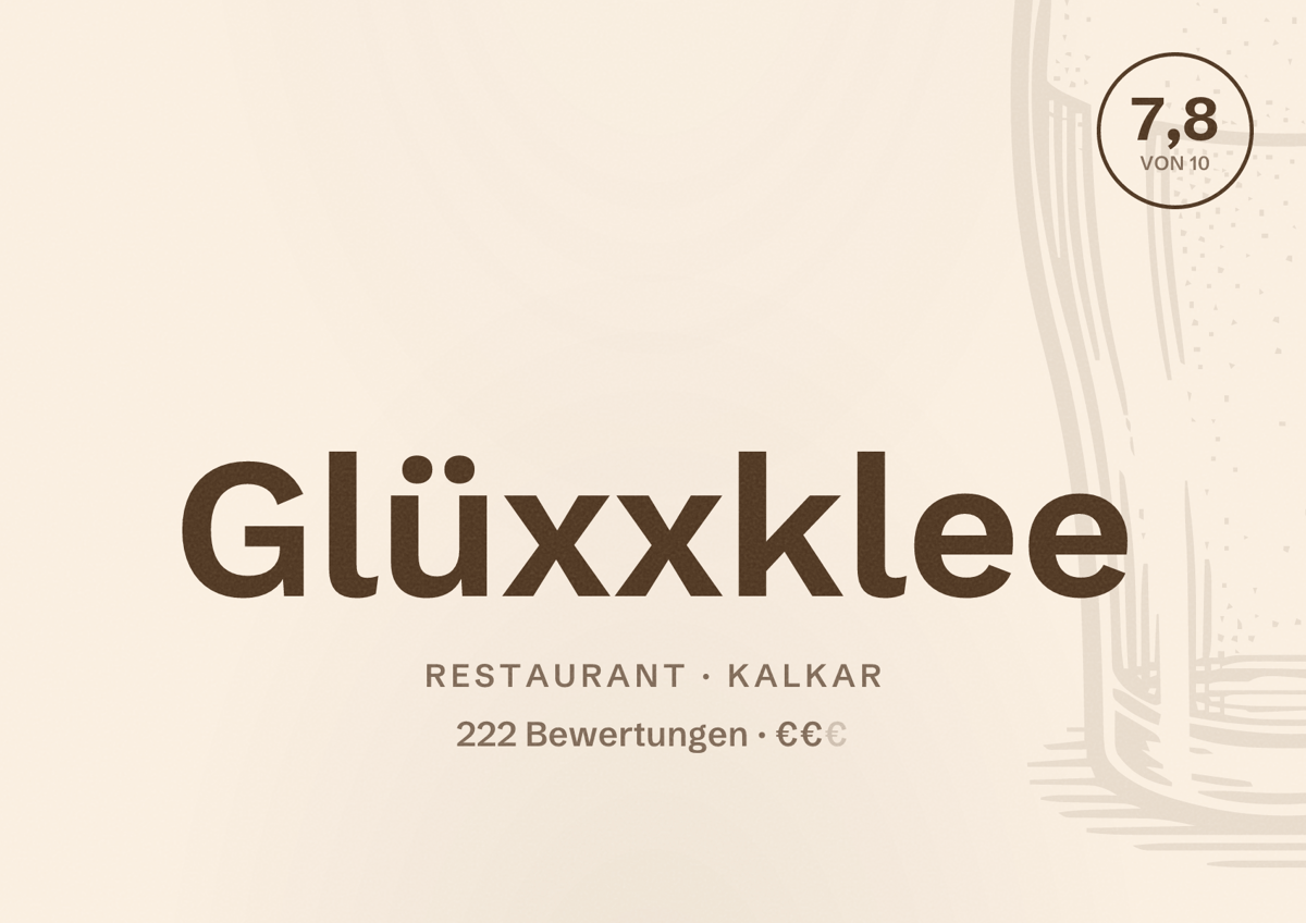 Illustriertes Poster von Glüxxklee, Restaurant in Kalkar: Bewertung 7,8 von 10 aus 222 Bewertungen, Preisniveau €€