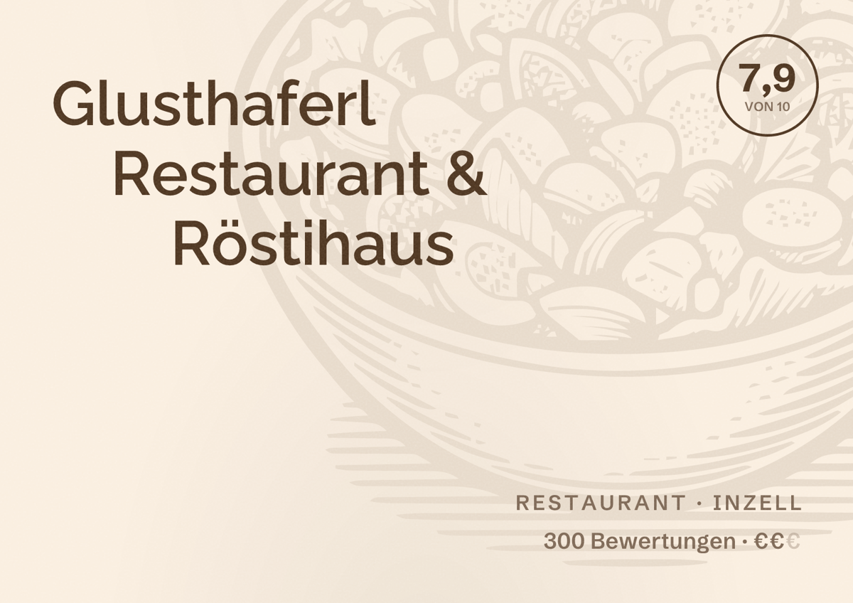 Illustriertes Poster von Glusthaferl Restaurant & Röstihaus, Restaurant in Inzell: Bewertung 7,9 von 10 aus 300 Bewertungen, Preisniveau €€