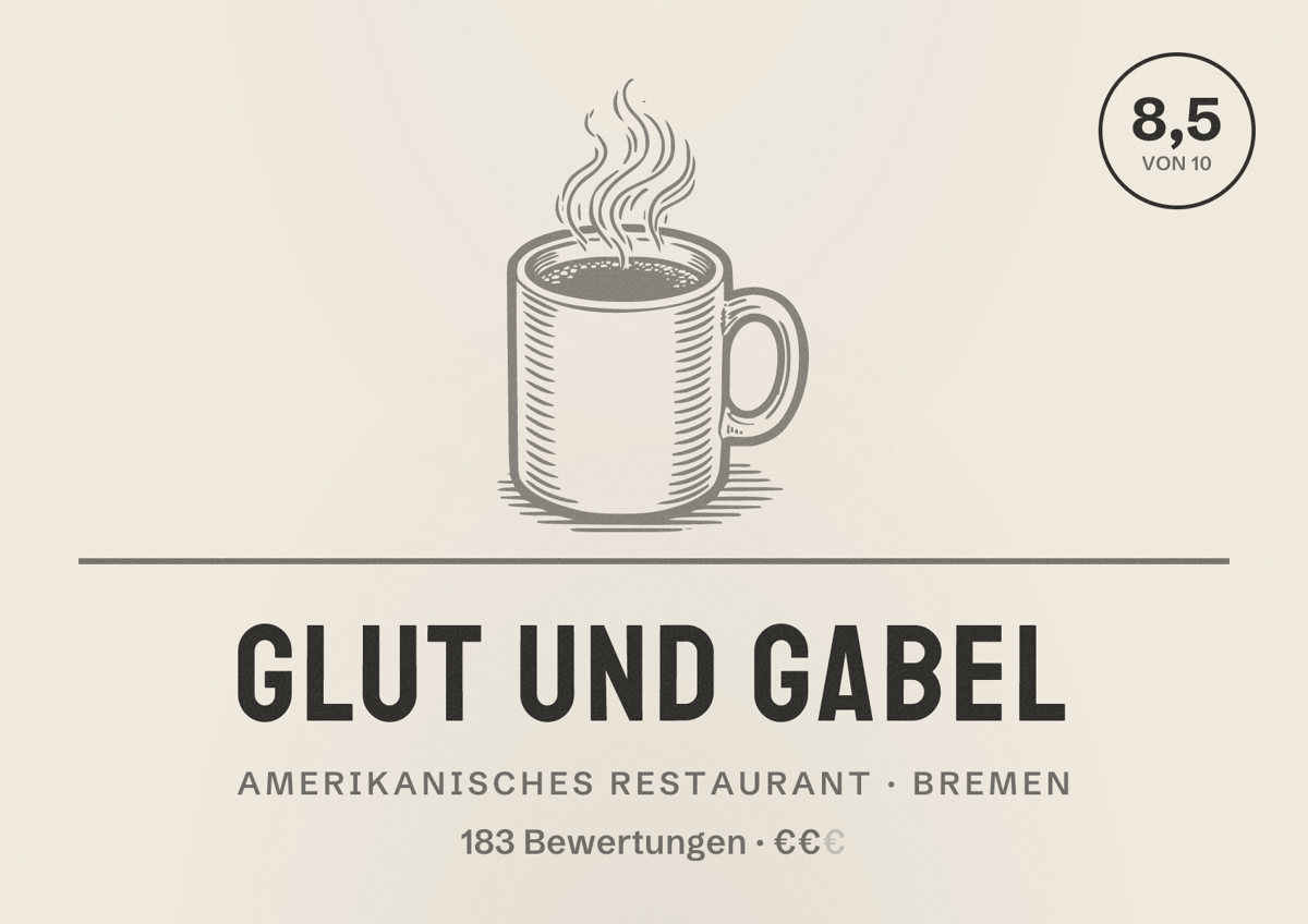 Illustriertes Poster von Glut und Gabel, Amerikanisches Restaurant in Bremen: Bewertung 8,5 von 10 aus 183 Bewertungen, Preisniveau €€