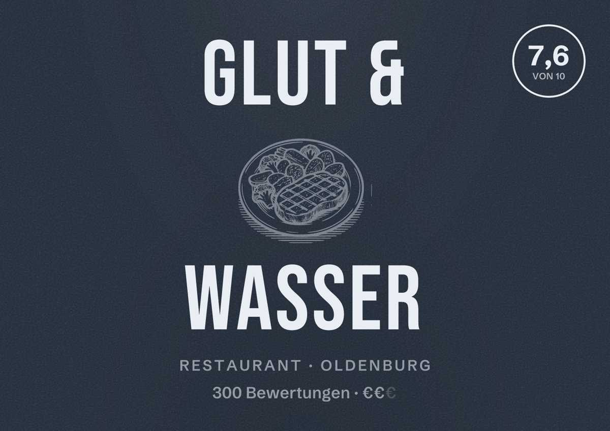 Illustriertes Poster von Glut & Wasser, Restaurant in Oldenburg: Bewertung 7,6 von 10 aus 300 Bewertungen, Preisniveau €€