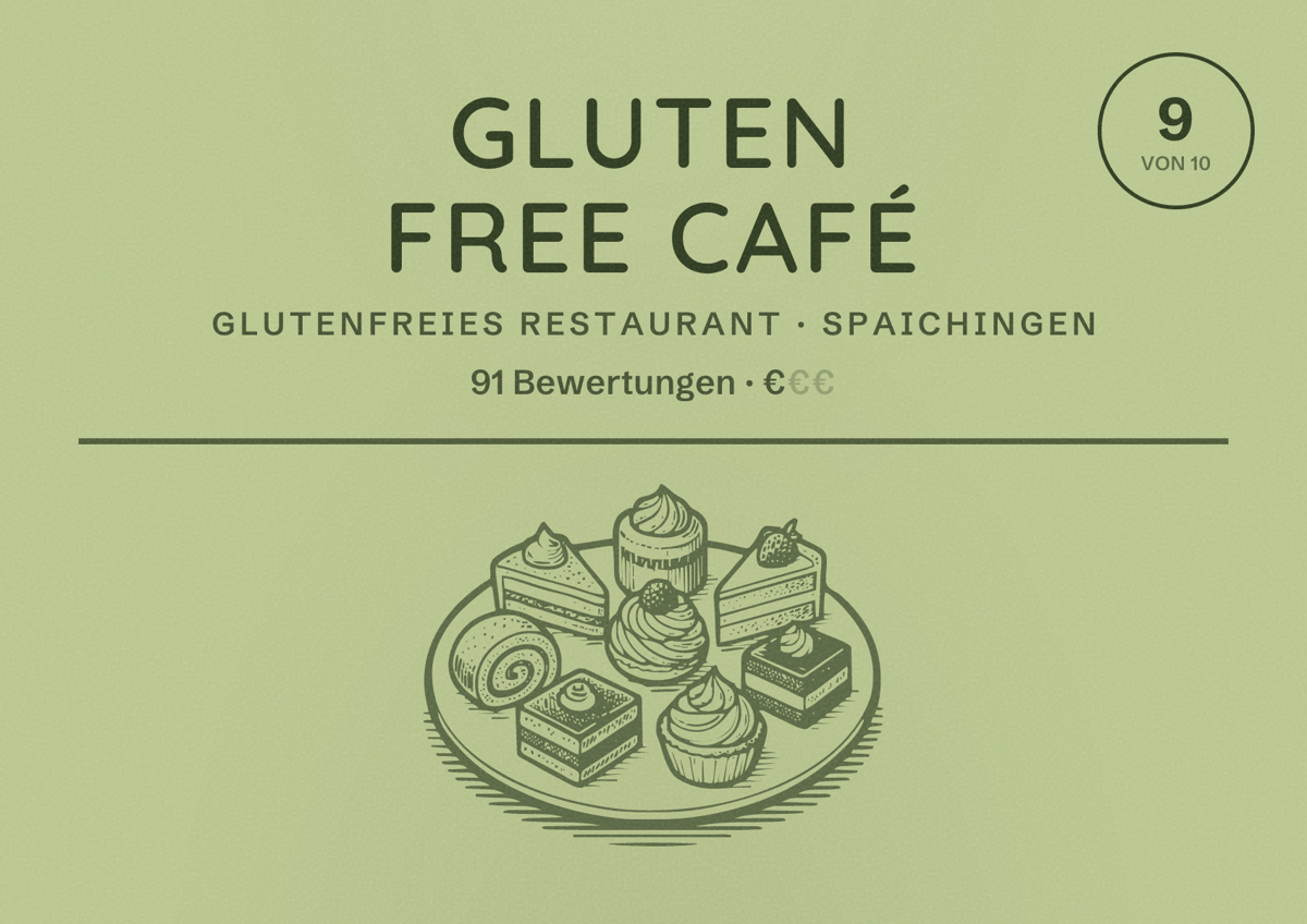 Illustriertes Poster von Gluten Free Café, Glutenfreies Restaurant in Spaichingen: Bewertung 9 von 10 aus 91 Bewertungen, Preisniveau €