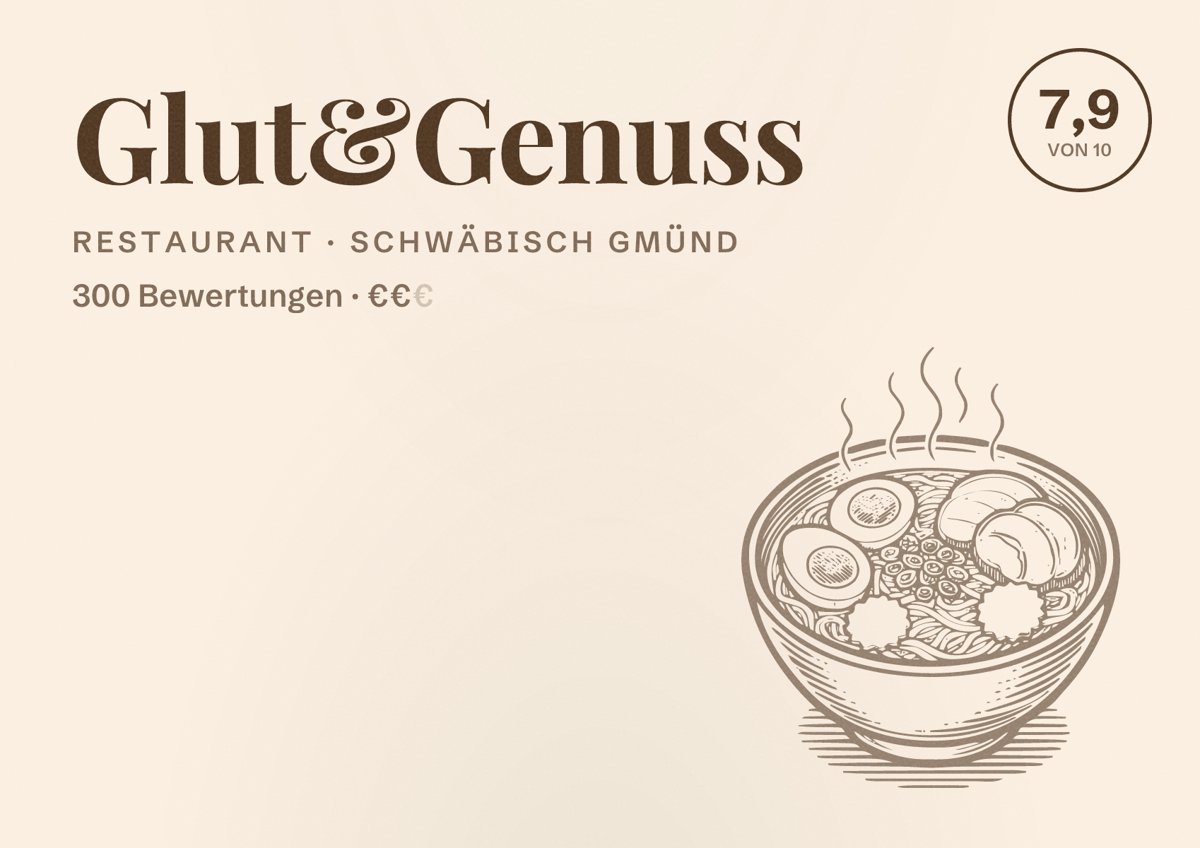 Illustriertes Poster von Glut&Genuss, Restaurant in Schwäbisch Gmünd: Bewertung 7,9 von 10 aus 300 Bewertungen, Preisniveau €€