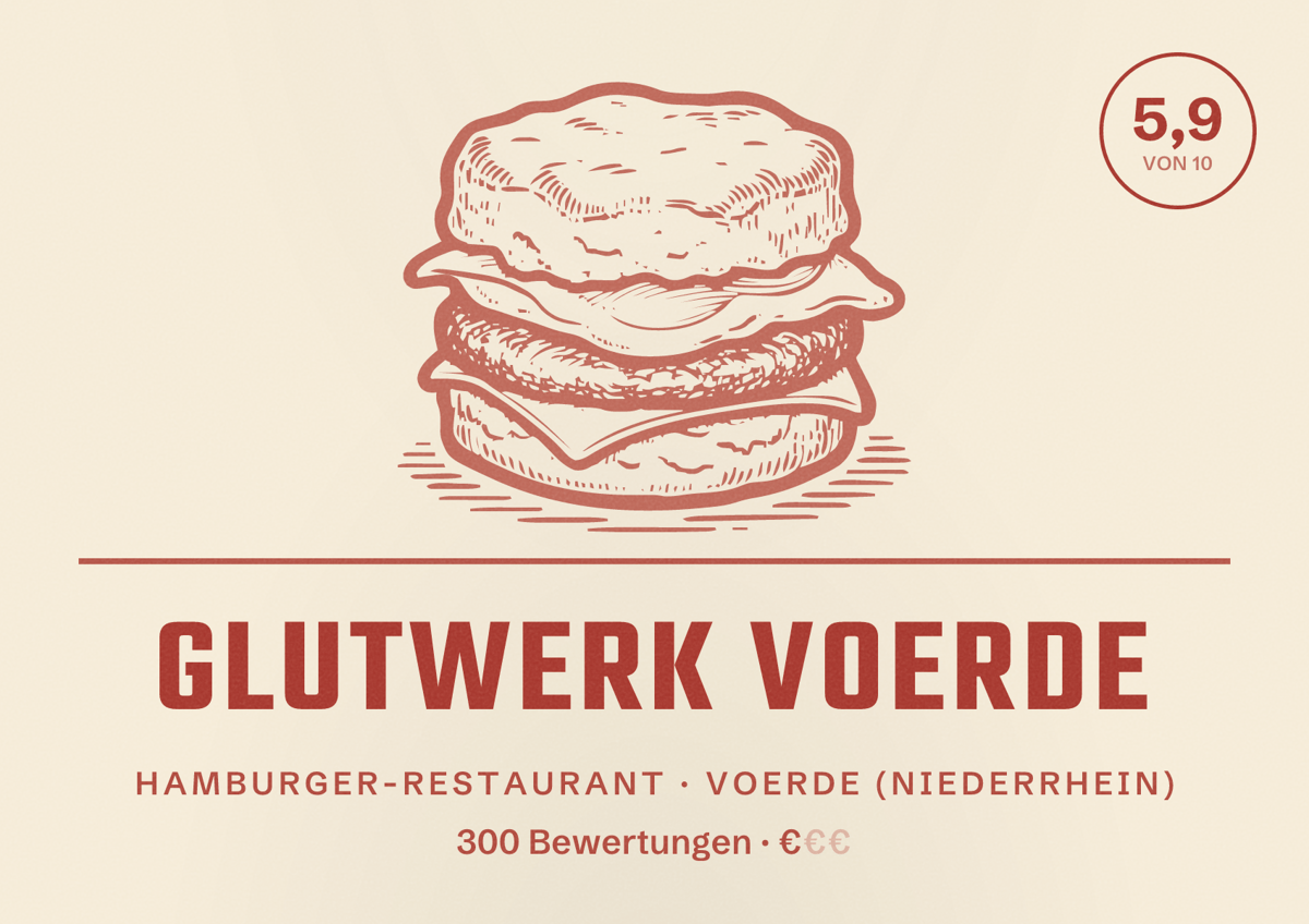 Illustriertes Poster von Glutwerk Voerde, Hamburger-Restaurant in Voerde (Niederrhein): Bewertung 5,9 von 10 aus 300 Bewertungen, Preisniveau €