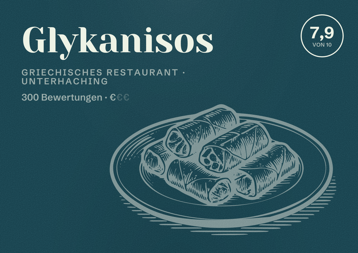 Illustriertes Poster von Glykanisos, Griechisches Restaurant in Unterhaching: Bewertung 7,9 von 10 aus 300 Bewertungen, Preisniveau €