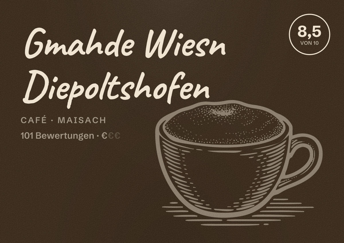 Illustriertes Poster von Gmahde Wiesn Diepoltshofen, Café in Maisach: Bewertung 8,5 von 10 aus 101 Bewertungen, Preisniveau €