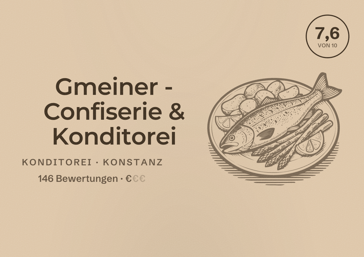 Illustriertes Poster von Gmeiner - Confiserie & Konditorei, Konditorei in Konstanz: Bewertung 7,6 von 10 aus 146 Bewertungen, Preisniveau €