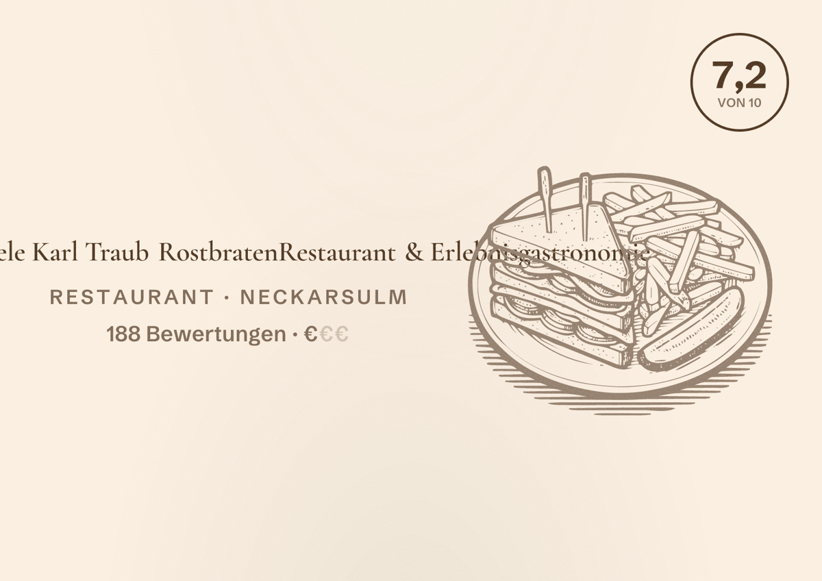 Illustriertes Poster von Gnadenstäffele Karl Traub RostbratenRestaurant & Erlebnisgastronomie, Restaurant in Neckarsulm: Bewertung 7,2 von 10 aus 188 Bewertungen, Preisniveau €