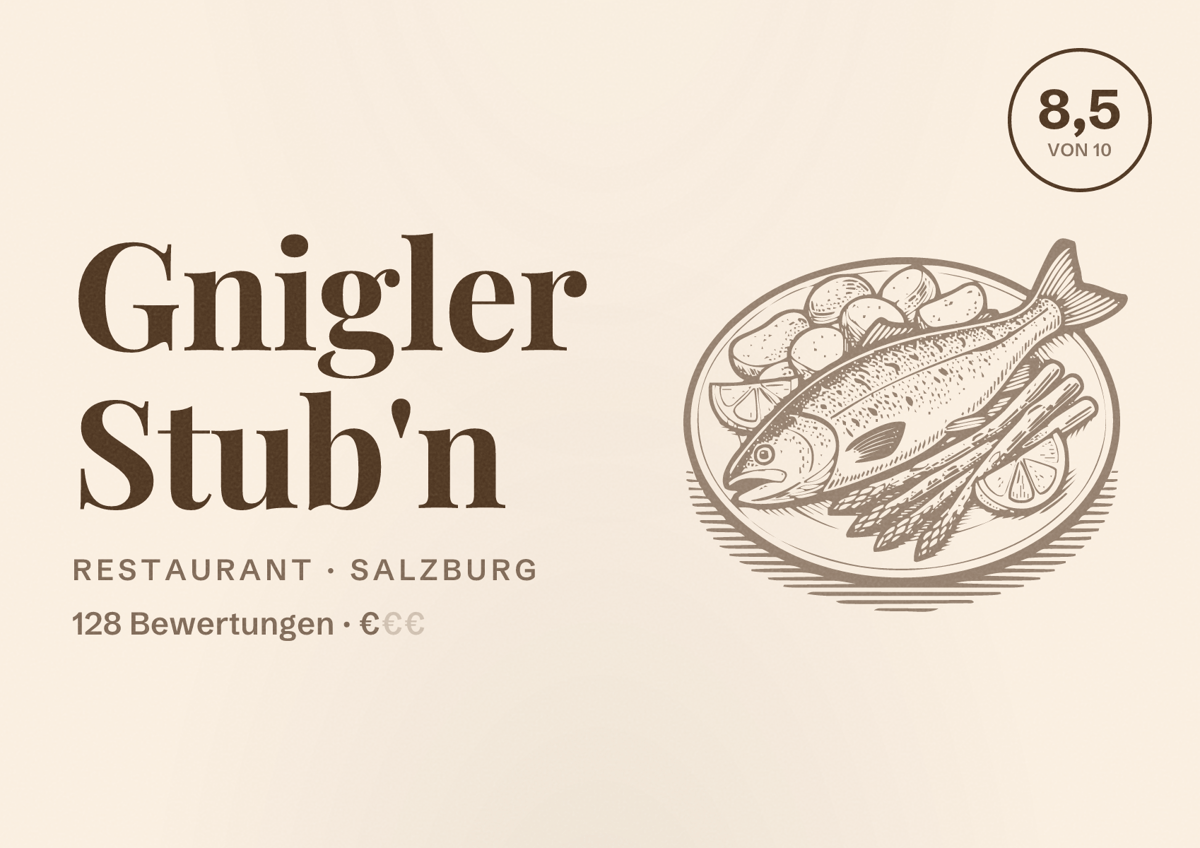 Illustriertes Poster von Gnigler Stub'n, Restaurant in Salzburg: Bewertung 8,5 von 10 aus 128 Bewertungen, Preisniveau €