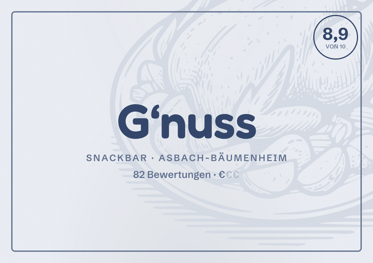 Illustriertes Poster von G‘nuss, Snackbar in Asbach-Bäumenheim: Bewertung 8,9 von 10 aus 82 Bewertungen, Preisniveau €