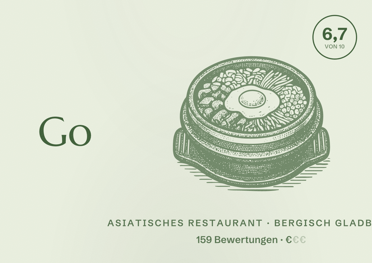 Illustriertes Poster von Go Bami, Asiatisches Restaurant in Bergisch Gladbach: Bewertung 6,7 von 10 aus 159 Bewertungen, Preisniveau €