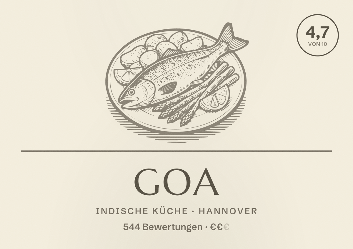 Illustriertes Poster von Goa, Indische Küche in Hannover: Bewertung 4,7 von 10 aus 544 Bewertungen, Preisniveau €€