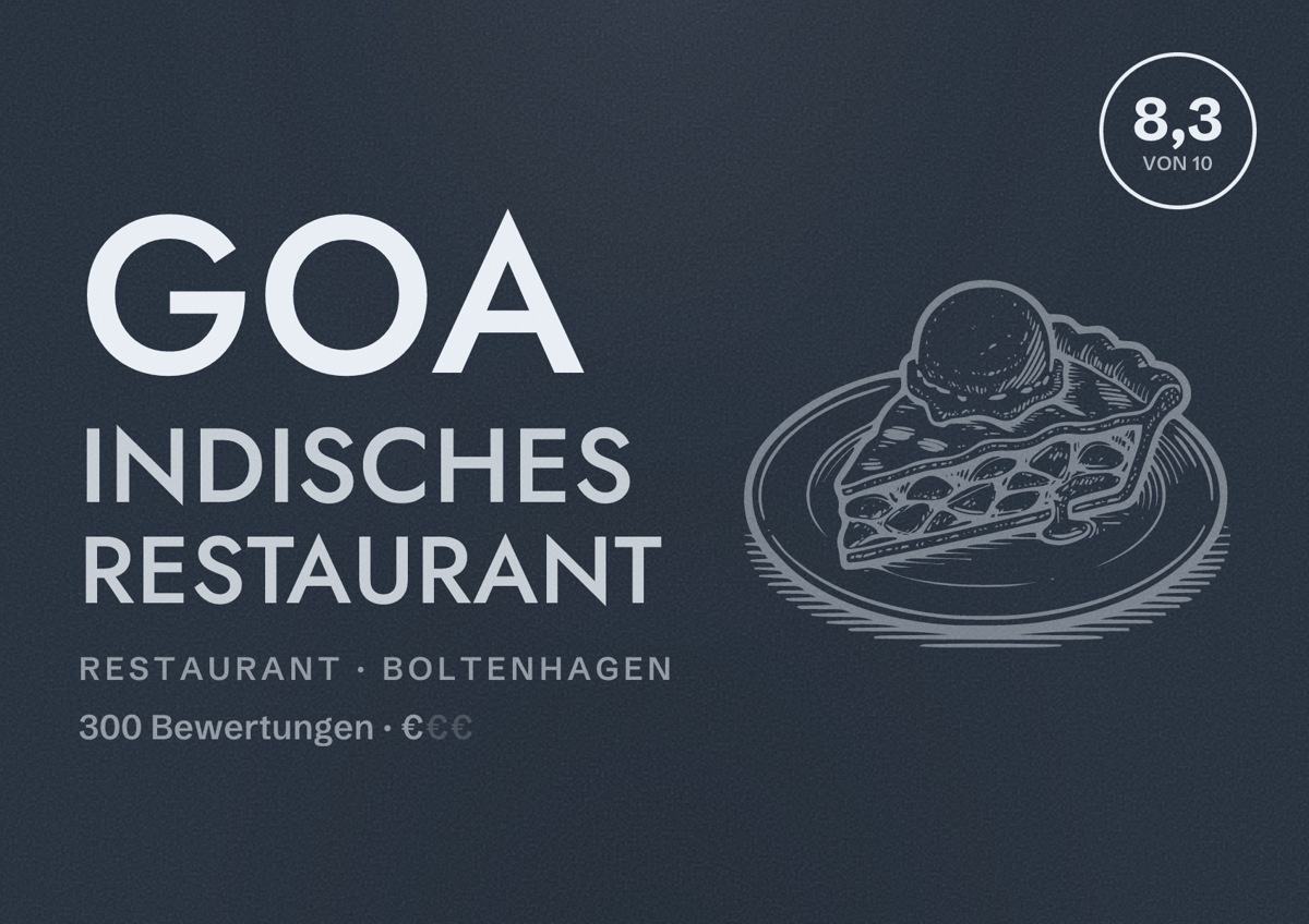 Illustriertes Poster von Goa Indisches Restaurant, Restaurant in Boltenhagen: Bewertung 8,3 von 10 aus 300 Bewertungen, Preisniveau €