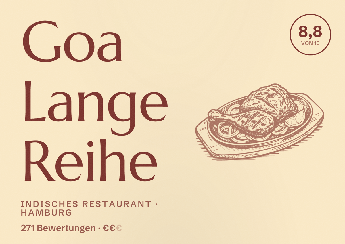 Illustriertes Poster von Goa Lange Reihe, Indisches Restaurant in Hamburg: Bewertung 8,8 von 10 aus 271 Bewertungen, Preisniveau €€