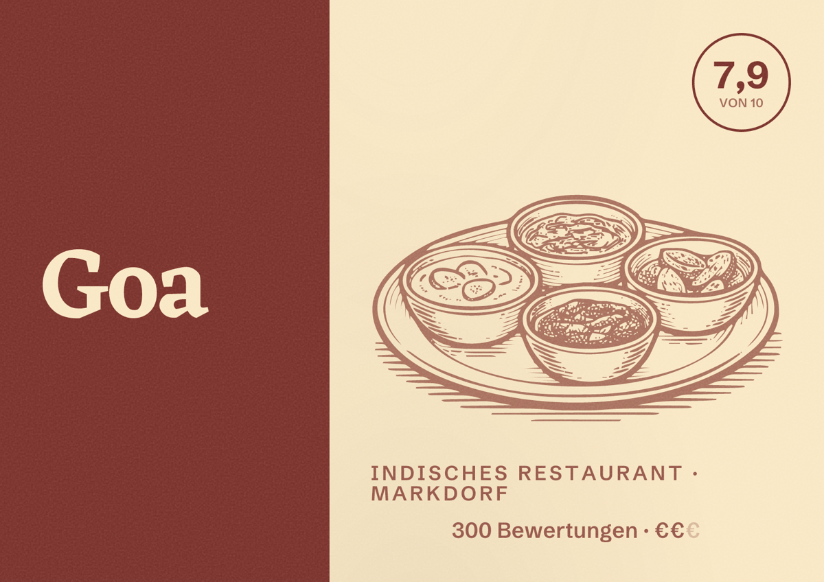Illustriertes Poster von Goa, Indisches Restaurant in Markdorf: Bewertung 7,9 von 10 aus 300 Bewertungen, Preisniveau €€