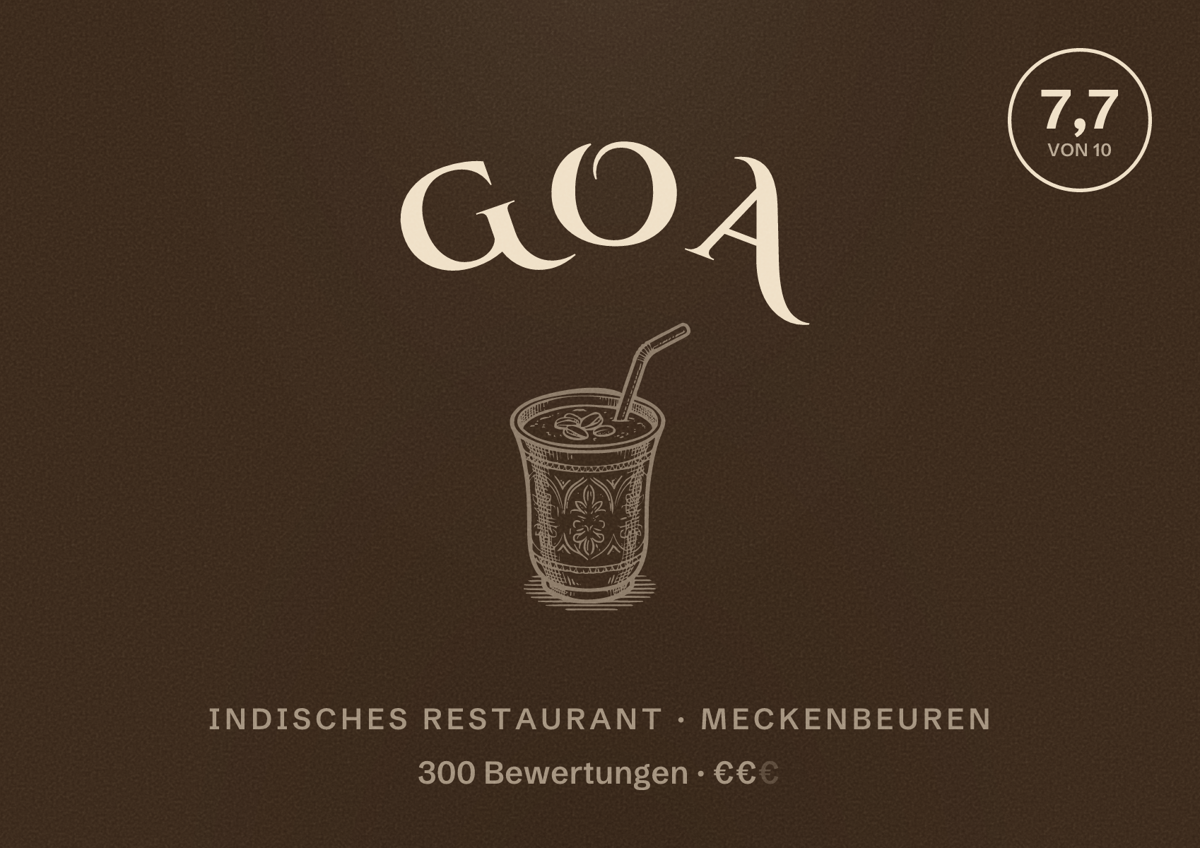 Illustriertes Poster von Goa, Indisches Restaurant in Meckenbeuren: Bewertung 7,7 von 10 aus 300 Bewertungen, Preisniveau €€