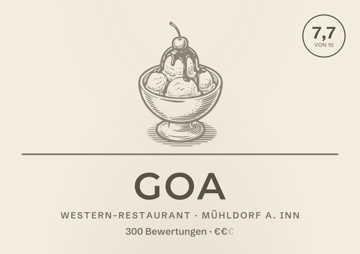 Illustriertes Poster von Goa, Western-Restaurant in Mühldorf a. Inn: Bewertung 7,7 von 10 aus 300 Bewertungen, Preisniveau €€