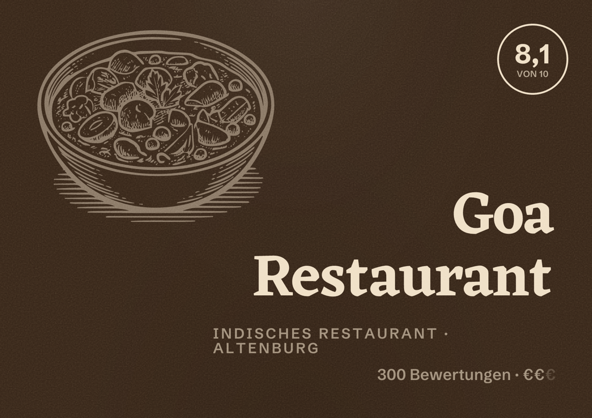 Illustriertes Poster von Goa Restaurant, Indisches Restaurant in Altenburg: Bewertung 8,1 von 10 aus 300 Bewertungen, Preisniveau €€