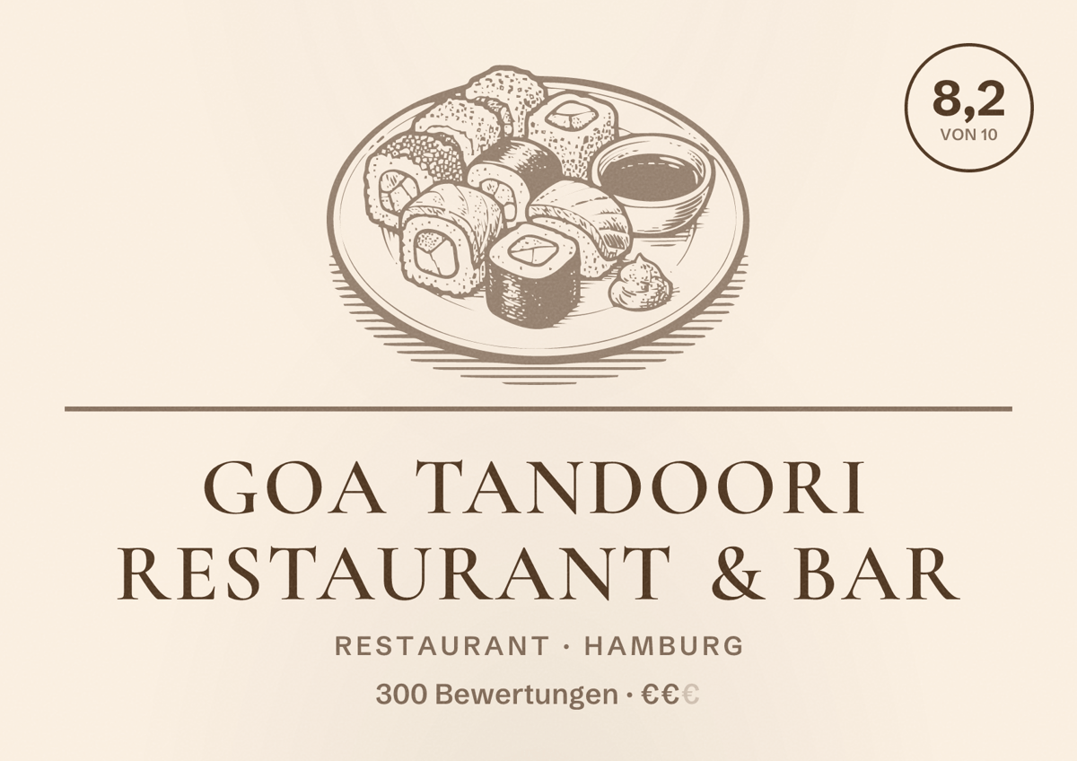 Illustriertes Poster von Goa Tandoori Restaurant & Bar, Restaurant in Hamburg: Bewertung 8,2 von 10 aus 300 Bewertungen, Preisniveau €€