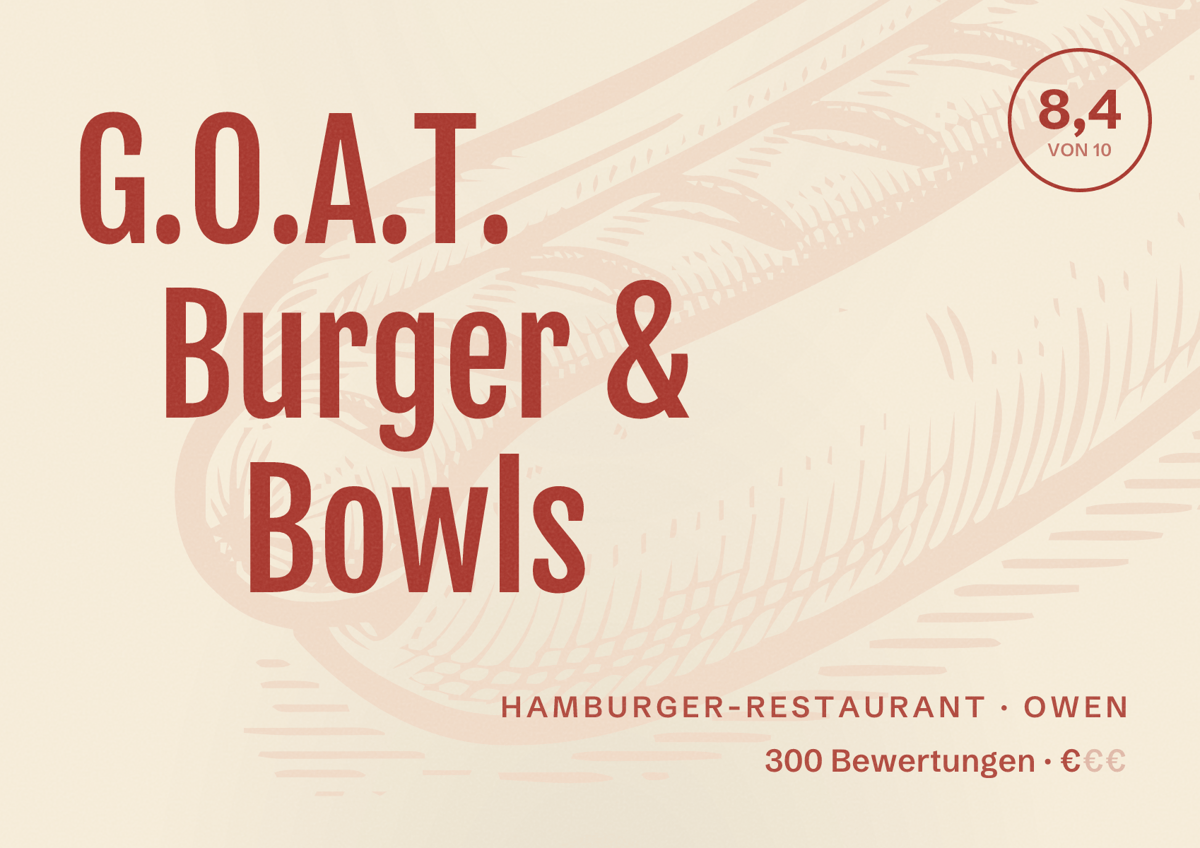 Illustriertes Poster von G.O.A.T. Burger & Bowls, Hamburger-Restaurant in Owen: Bewertung 8,4 von 10 aus 300 Bewertungen, Preisniveau €